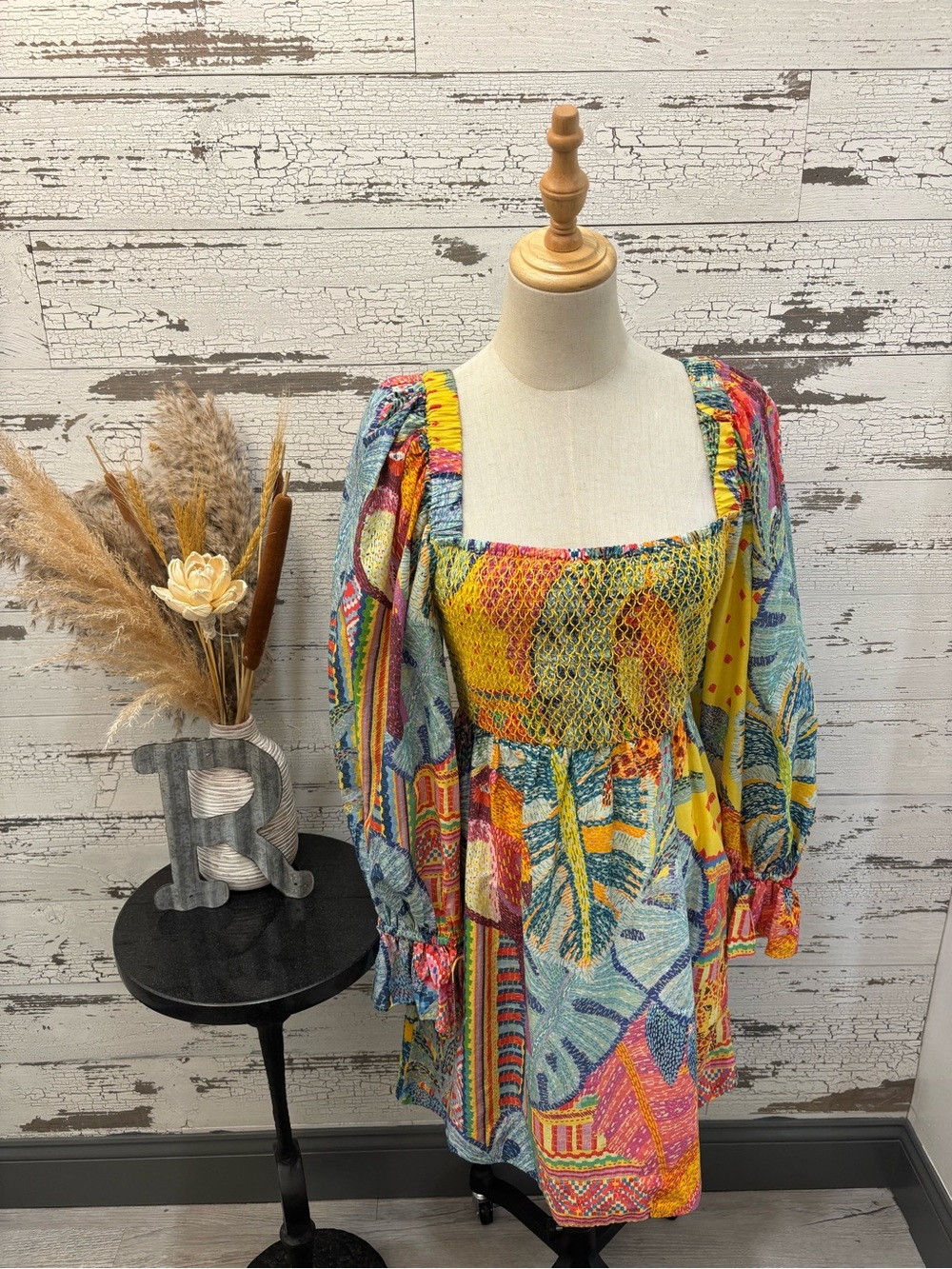 FARM Rio Yellow Multi‑Print Smocked Square‑Neck Mini Dress